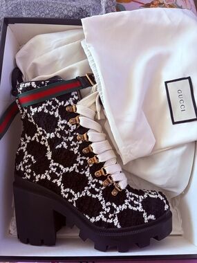 Gucci Black & White Lace Pattern Lug Platform Combat Boot